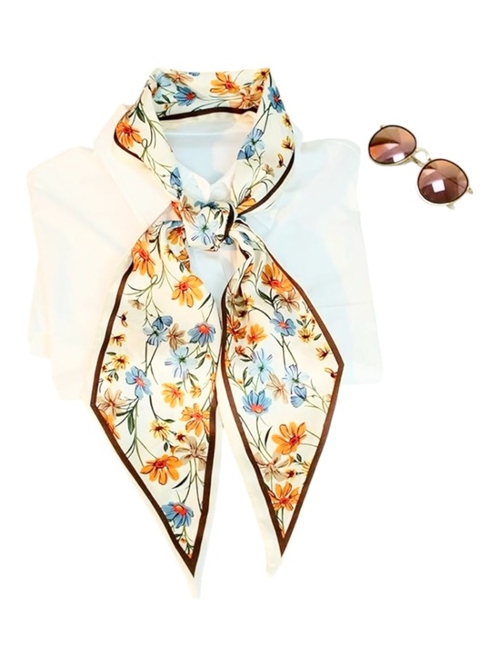 Accessories - Floral Vine Silk-Feel Neck Scarf in Cream with Blue & Orange